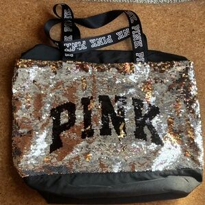 VS PINK TOTE 15” SHIMMERING FLIP SEQUINS SILVER/GOLD TOTE NEW